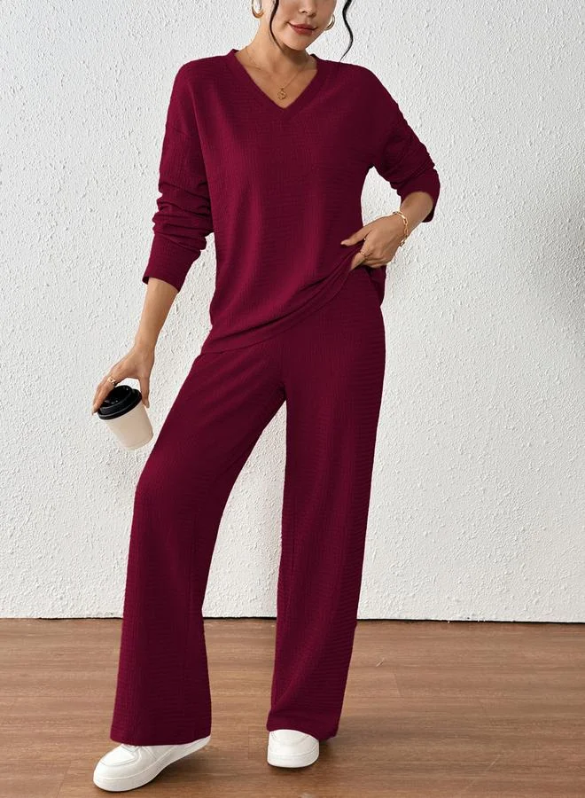 Take Two Women Textured V Neck Top and Pants Co-Ords